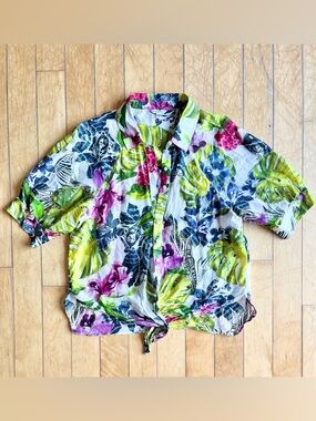 GUESS Tropical Floral Summer Button‑Up Tie‑Front Shirt Size Medium